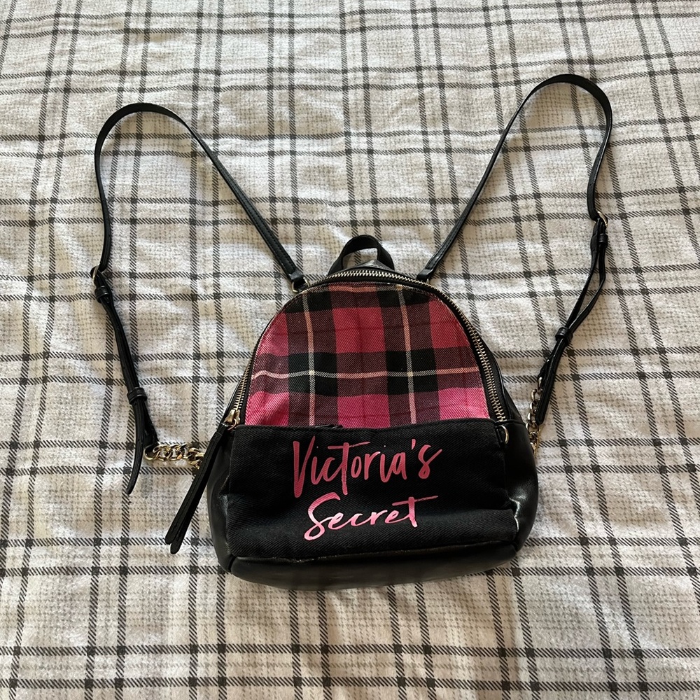 Victoria's Secret Mini‎ Backpack Pink Black Plaid Faux Leather Logo Bag